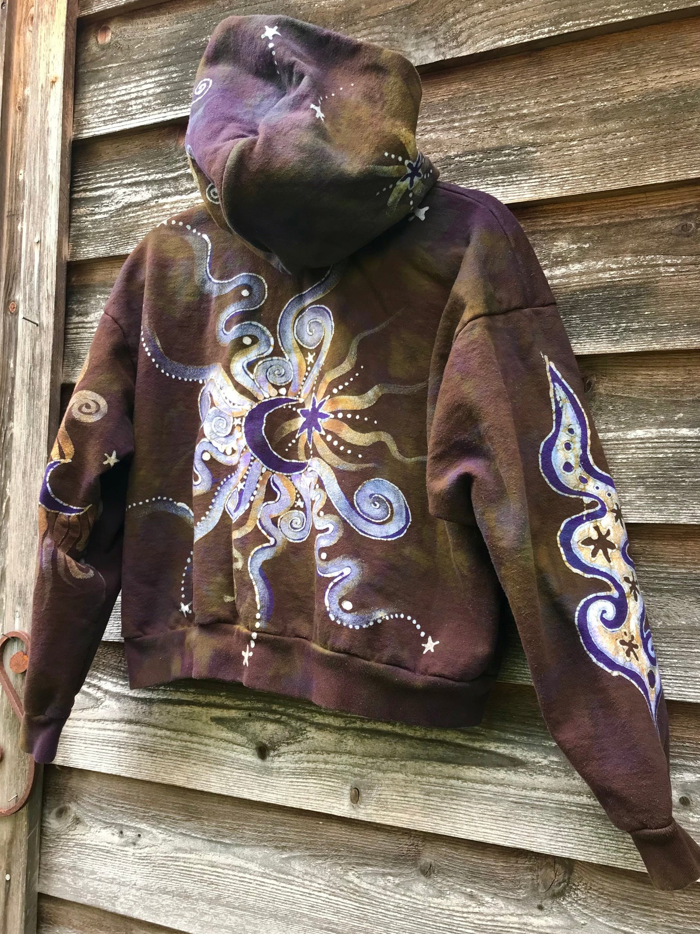 Dark Gold and Purple Moon and Stars Handmade Batik Hoodie - Size M/L hoodie batikwalla