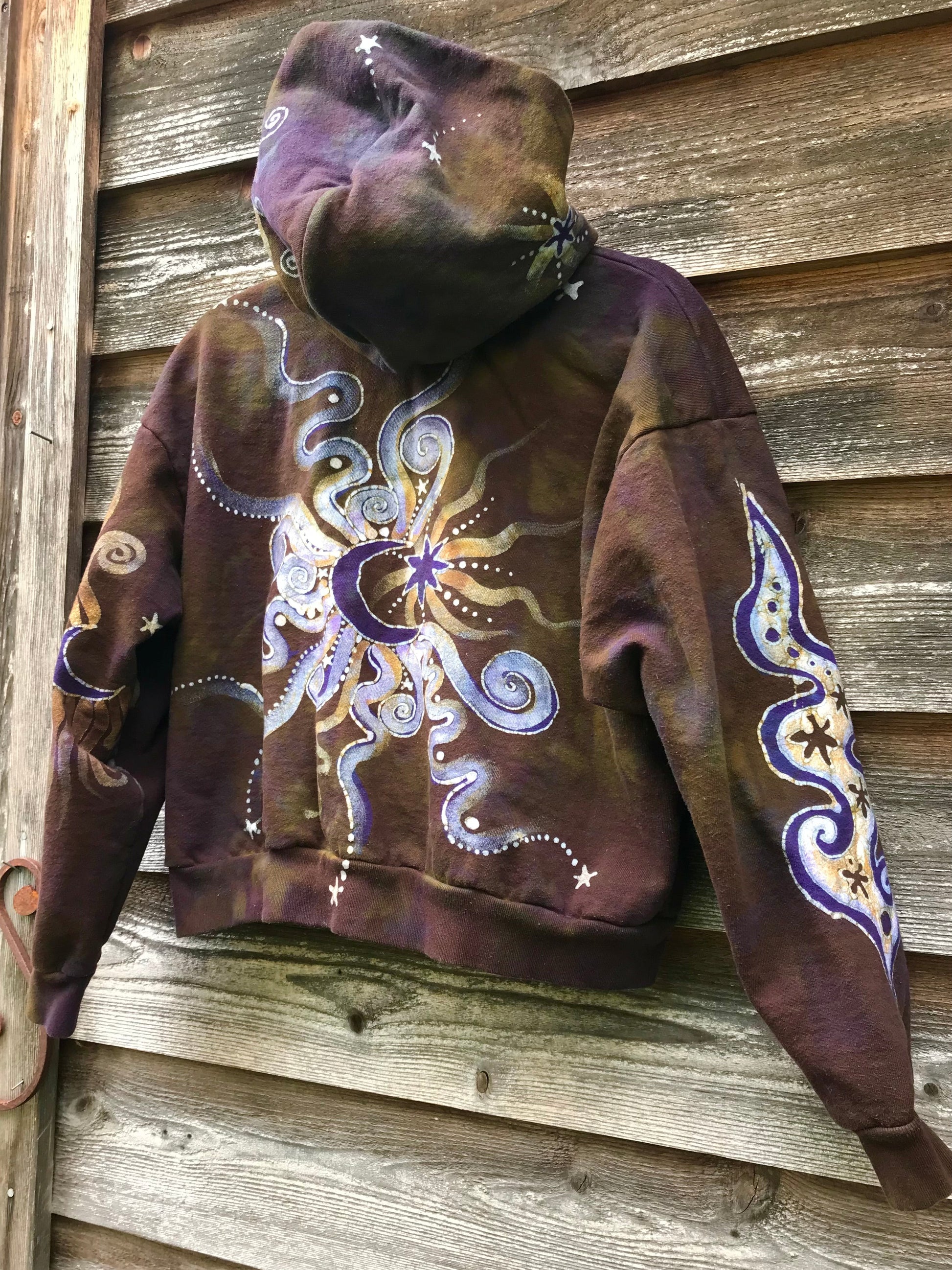 Dark Gold and Purple Moon and Stars Handmade Batik Hoodie - Size M/L hoodie batikwalla