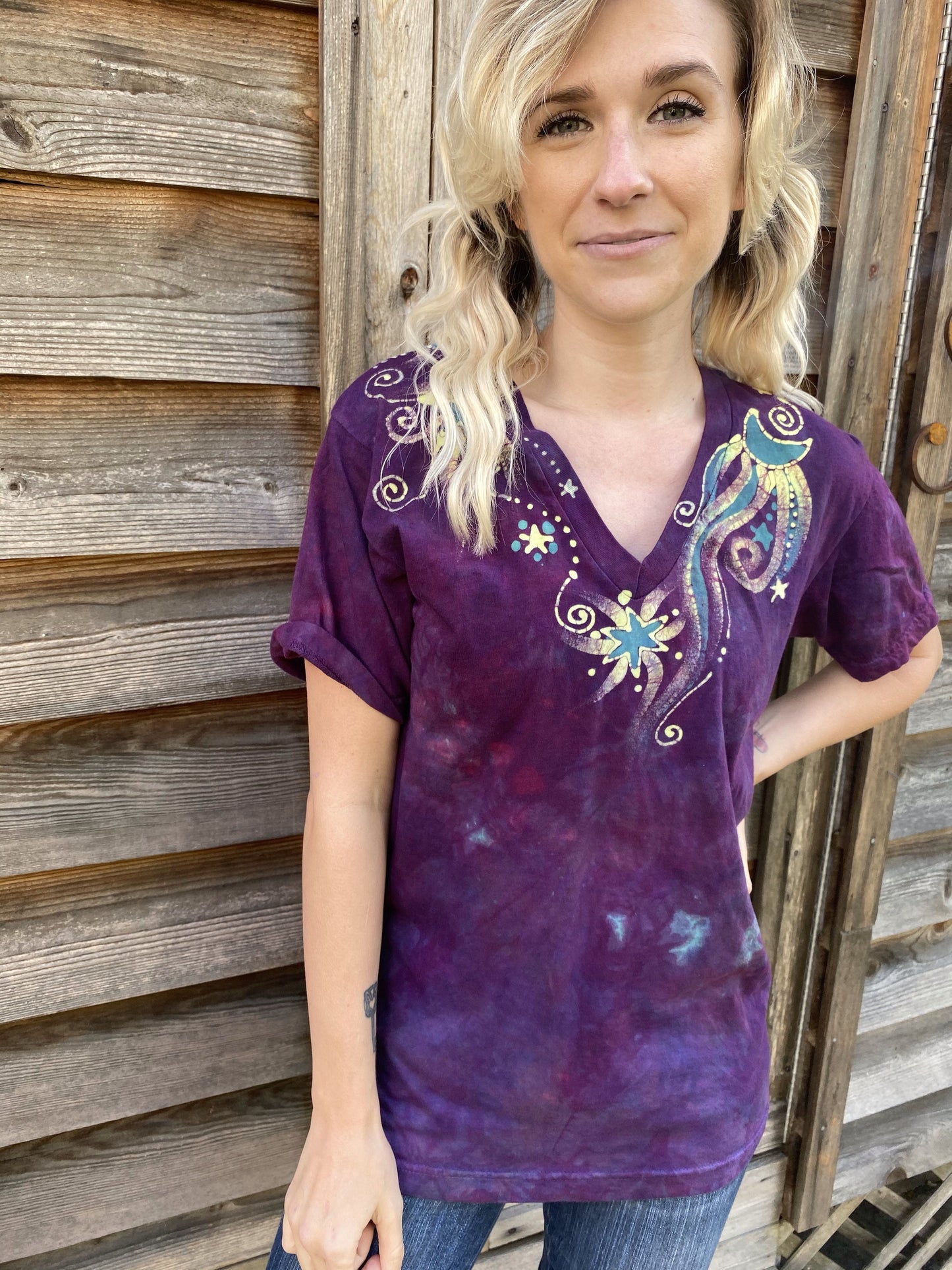 Centered In Light - HandCrafted Moons & Stars Vneck Tee Batikwalla by Victoria