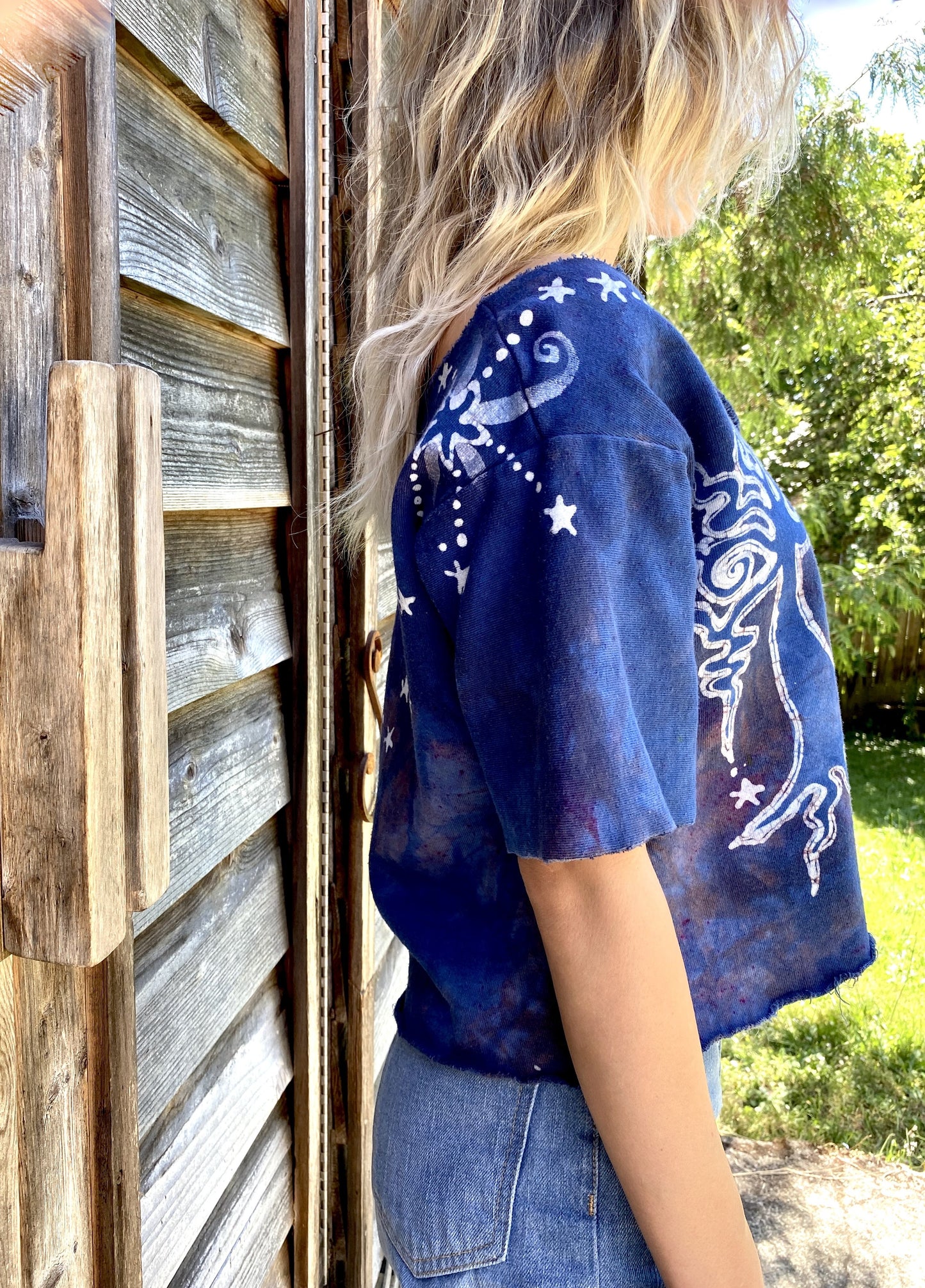 Blue Canoe Campers Tree Organic Cotton Handmade Batik Crop Tee, Size Medium/Large Batik Dresses Batikwalla