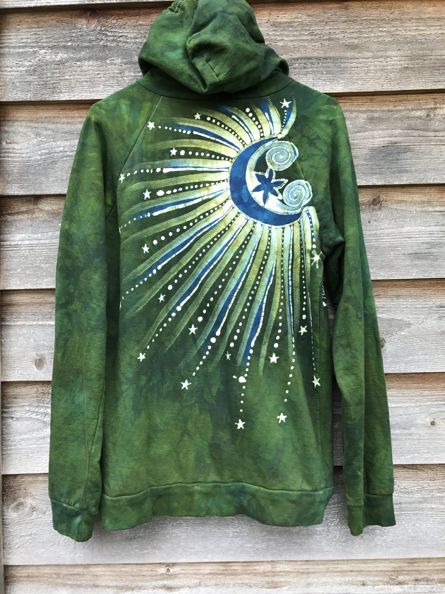 Dancing Green Owls In A Tree Organic Cotton Batik Hoodie - Unisex Size Large