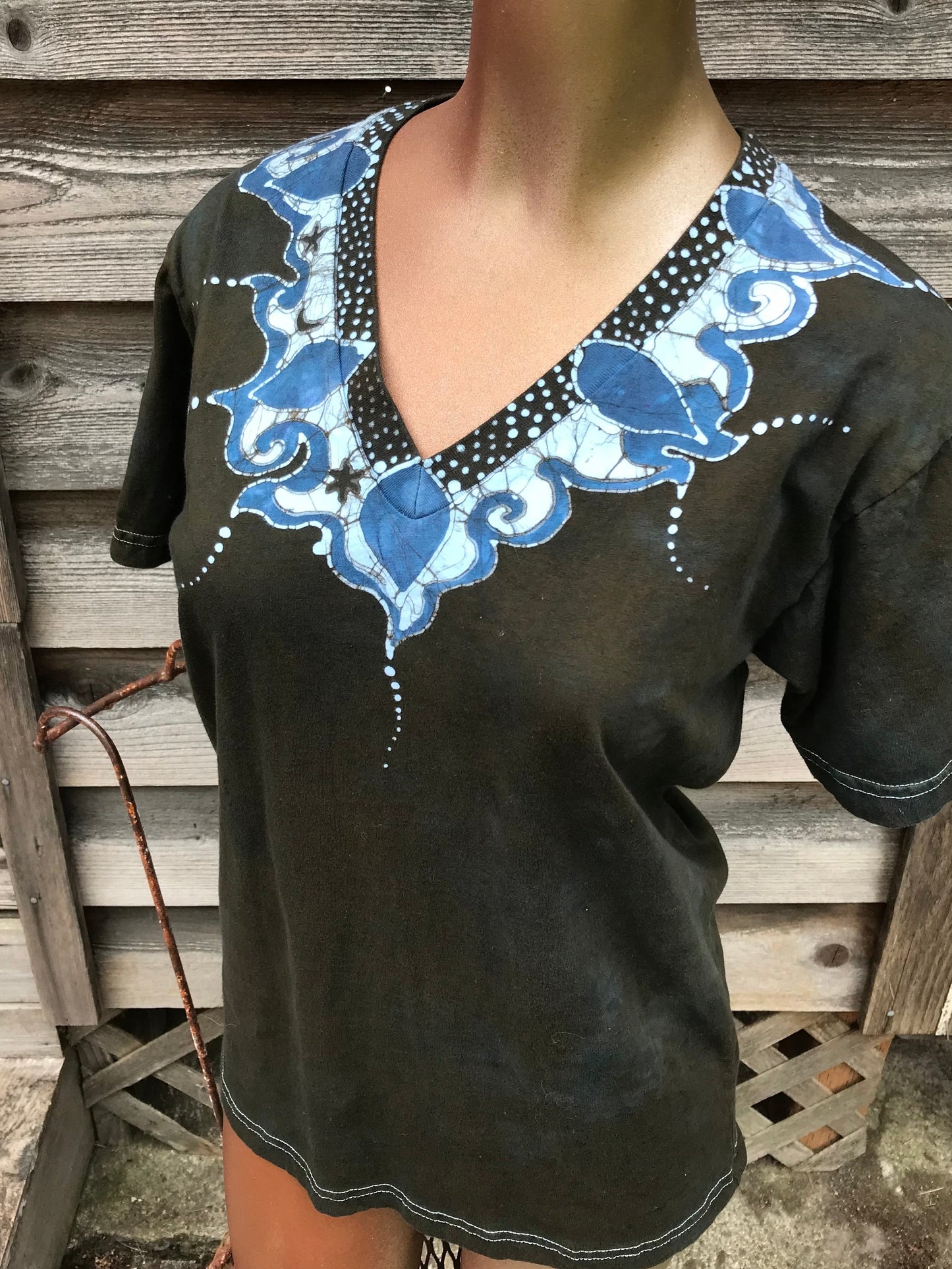 Water Leaf Scrolls - Hand Crafted Batik Vneck Tee Batikwalla by Victoria