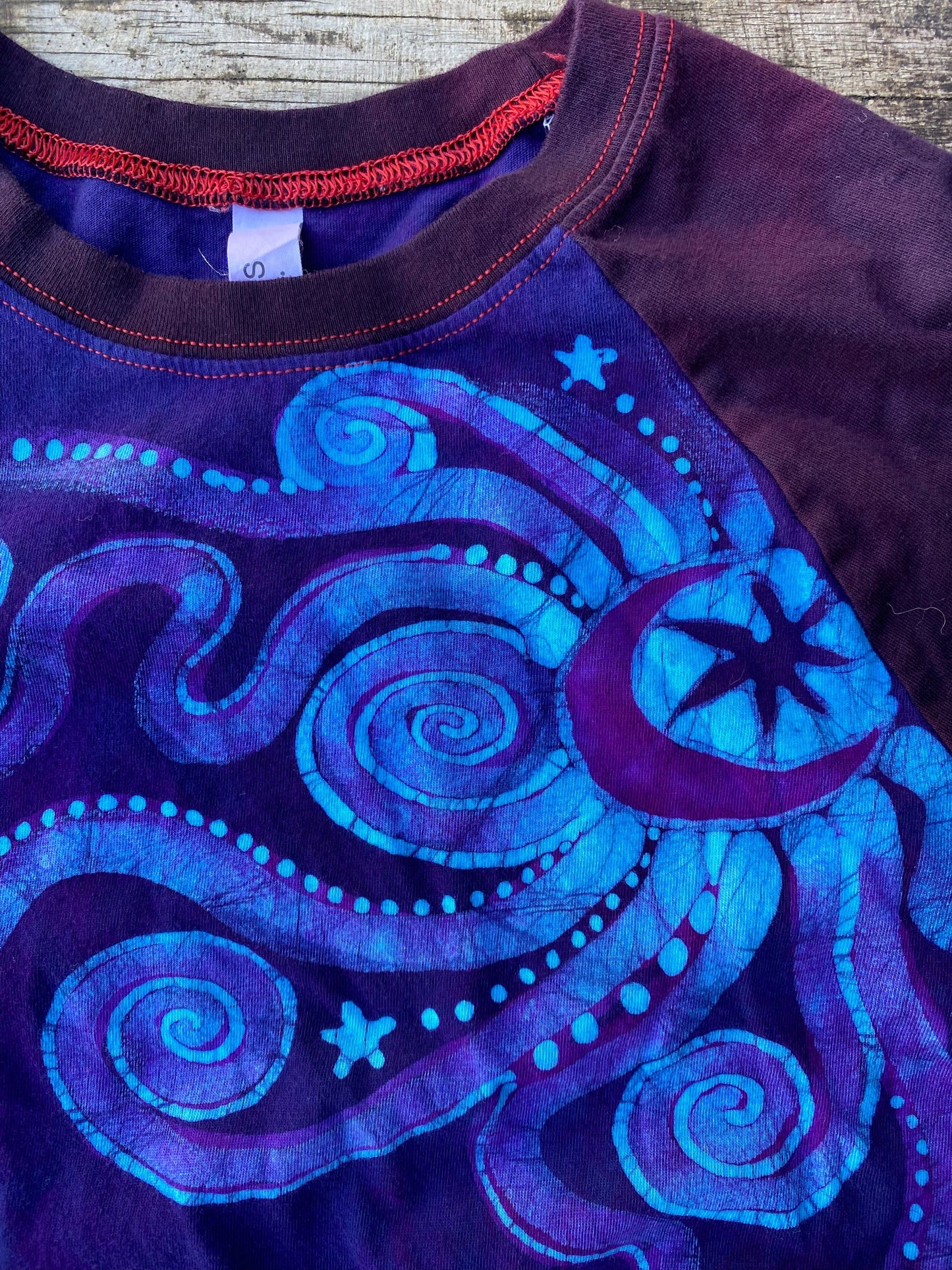 Midnight Blue and Purple Moon Swirls Black Raglan 3/4 Sleeve Batik Top Tops Batikwalla Large
