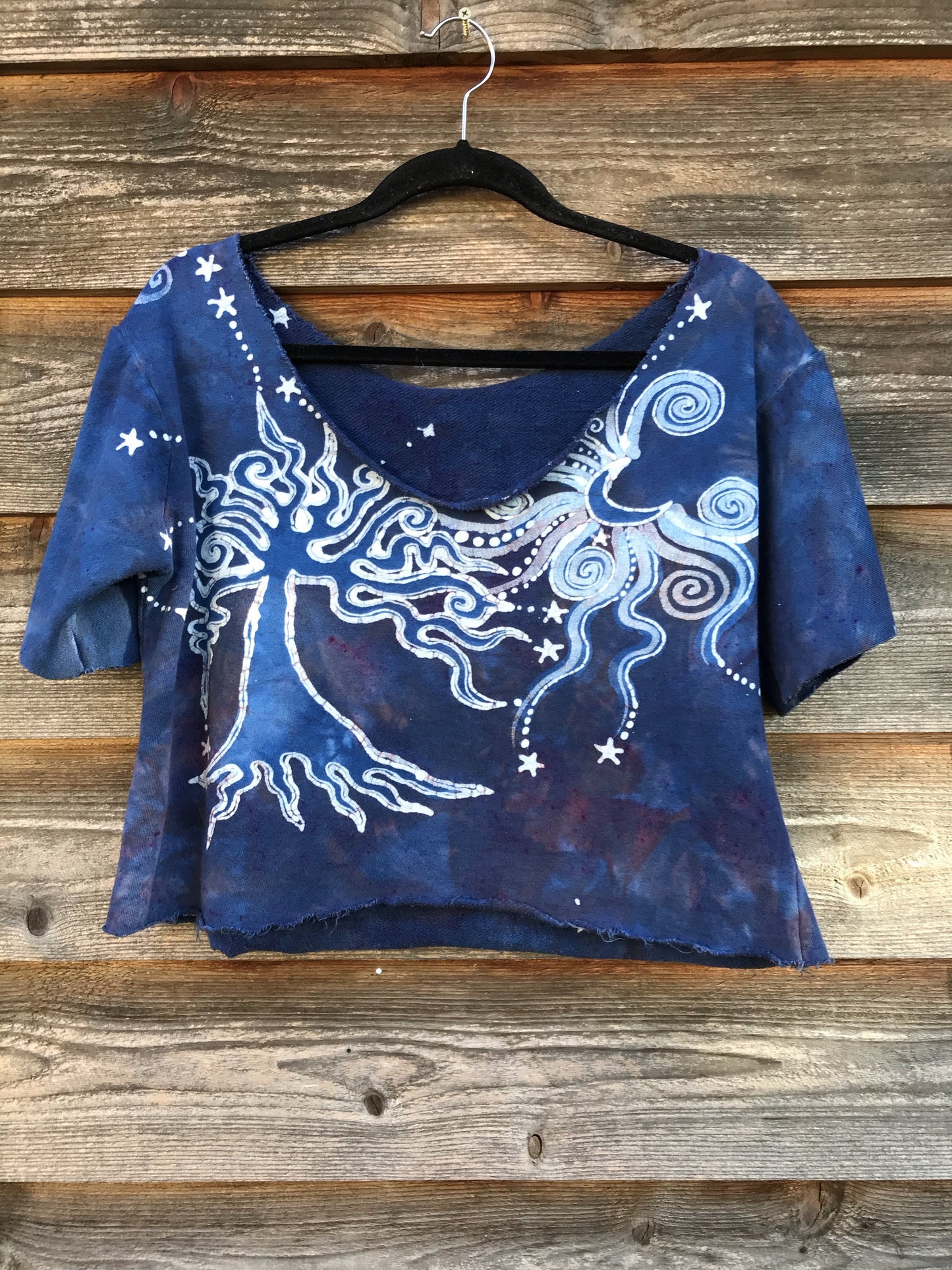 Blue Canoe Campers Tree Organic Cotton Handmade Batik Crop Tee, Size Medium/Large Batik Dresses Batikwalla