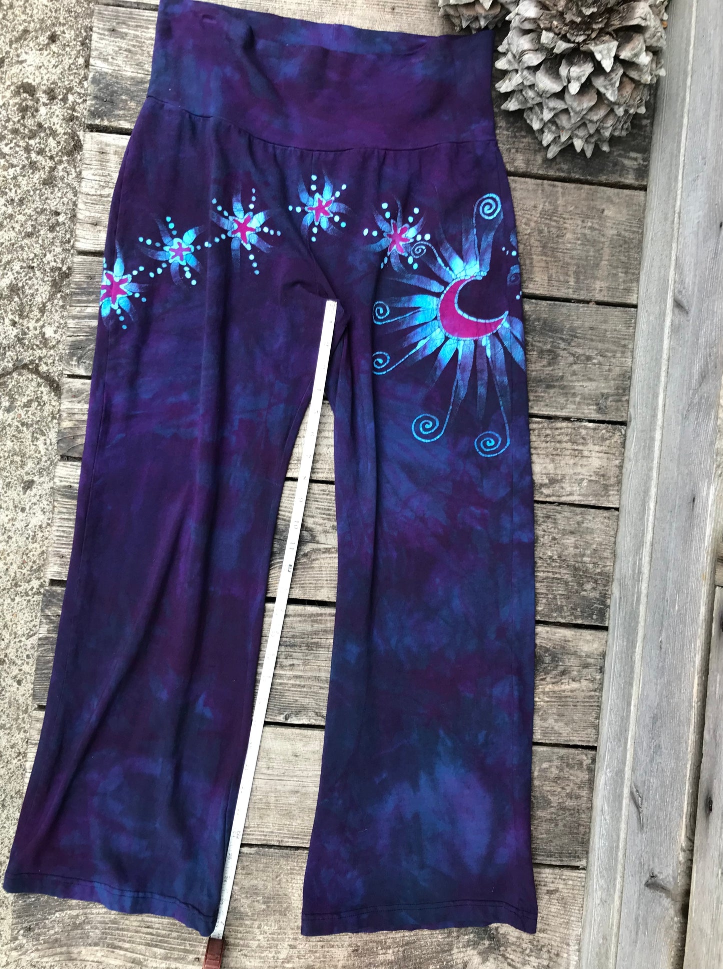 Check Measurements - Midnight Purple and Turquoise Yoga Lounge Pants Size Large Shorter batikwalla