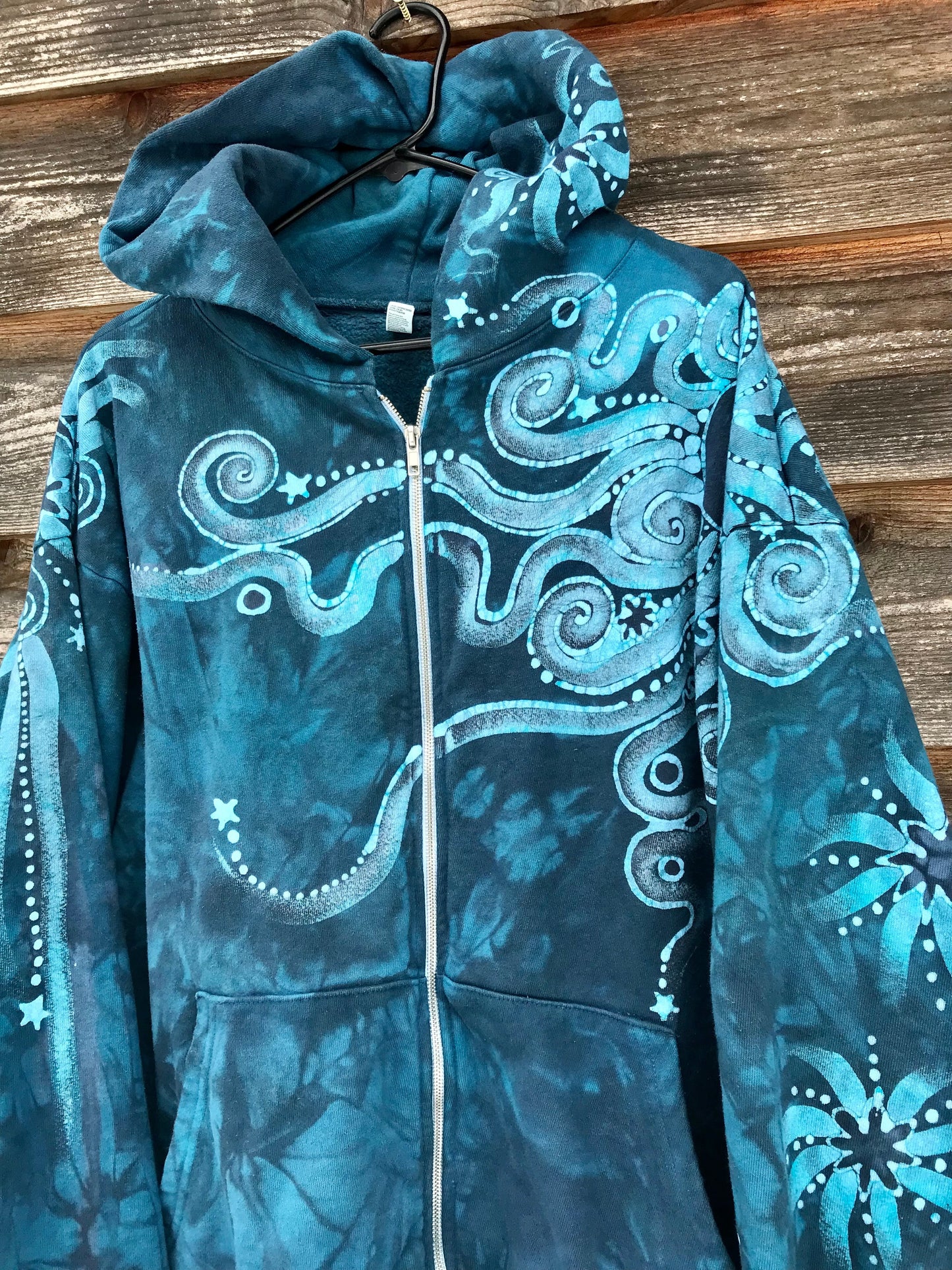 Denim Blue Moon Handcrafted Batik Zipper Hoodie - Size 2X hoodie batikwalla