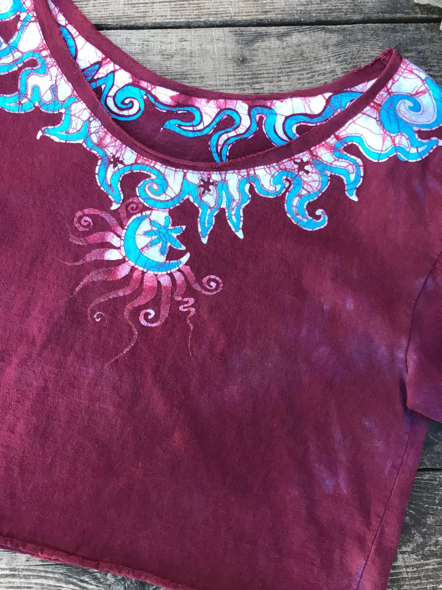 Turquoise and Rust Perpetual Waves of Moonlight Oversize Crop Top Batikwalla by Victoria