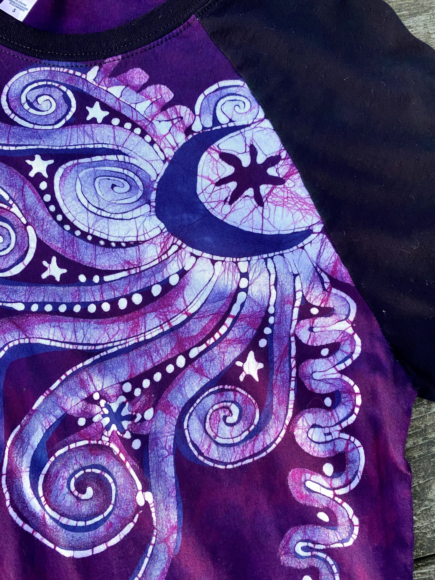 Dark Magenta Jeweled Moonbeams Black Raglan Long Sleeve Batik Top by Batikwalla Batikwalla