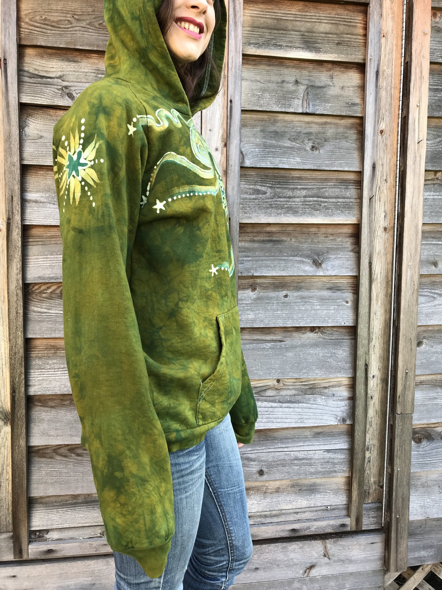 Dancing Green Moonbeam Meadow - Organic Cotton Batikwalla Hoodie