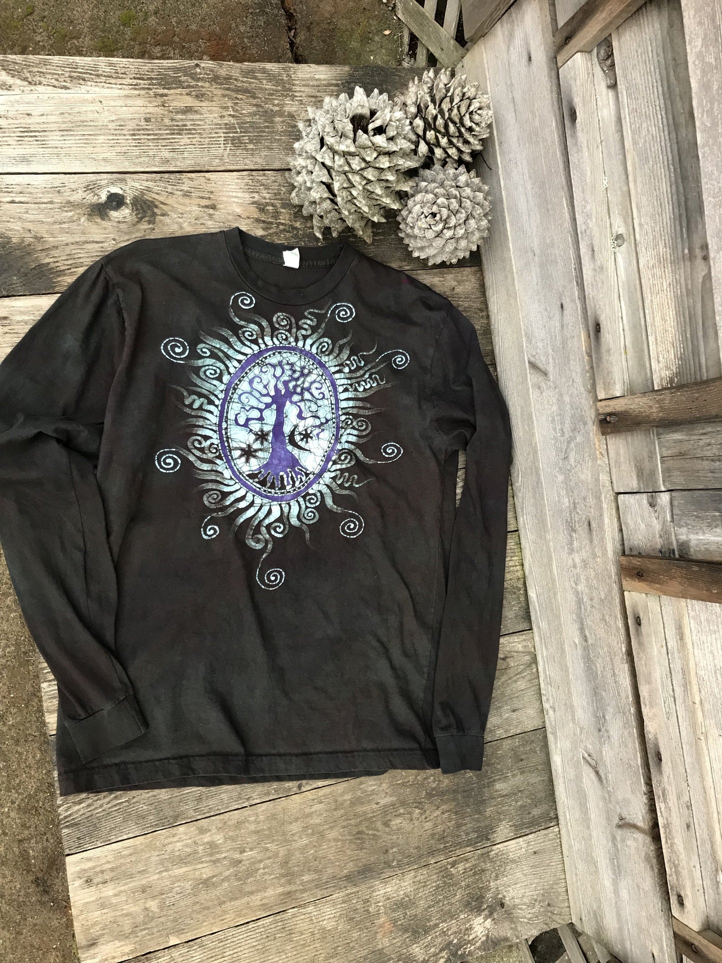 Oval Tree Pendant In Chocolate Brown Handmade Batik Long Sleeve Tshirt - Size Large