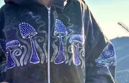 Purple Woodland Mushroom Hunter Handmade Batik Hoodie - 2X Unisex hoodie batikwalla 2X 