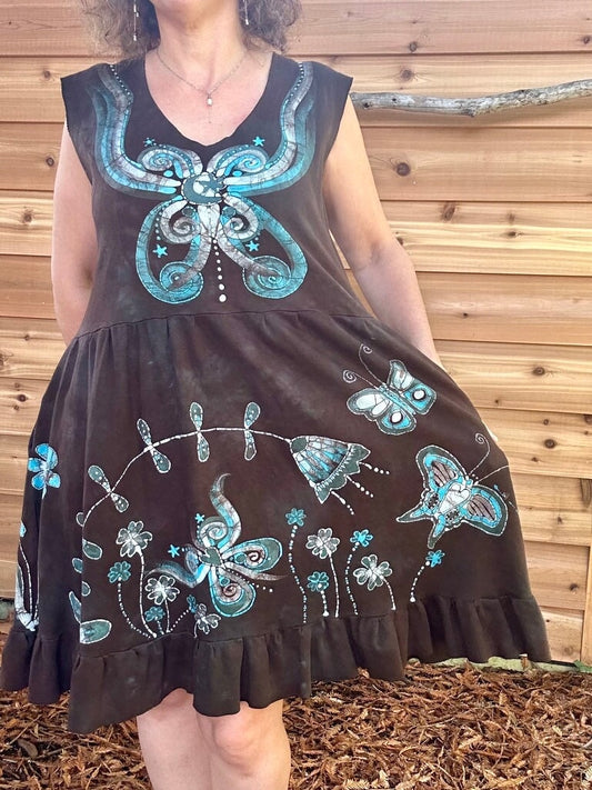 Brown Butterfly Batik Dress With Pockets - Size Large Batik Dresses Batikwalla 