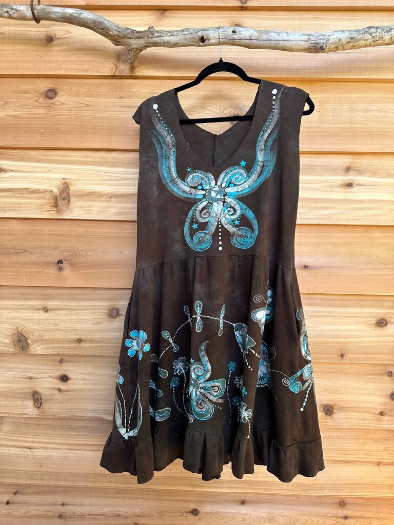 Brown Butterfly Batik Dress With Pockets - Size Large Batik Dresses Batikwalla 
