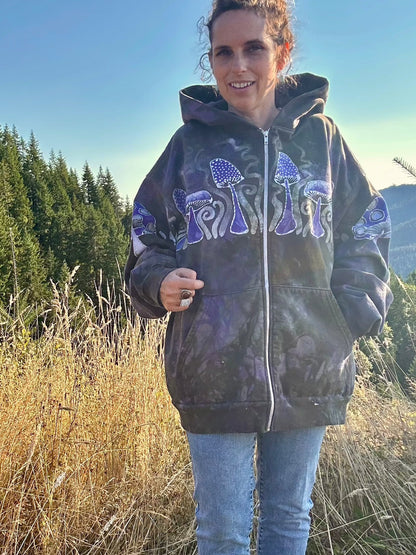 Purple Woodland Mushroom Hunter Handmade Batik Hoodie - 2X Unisex hoodie batikwalla 