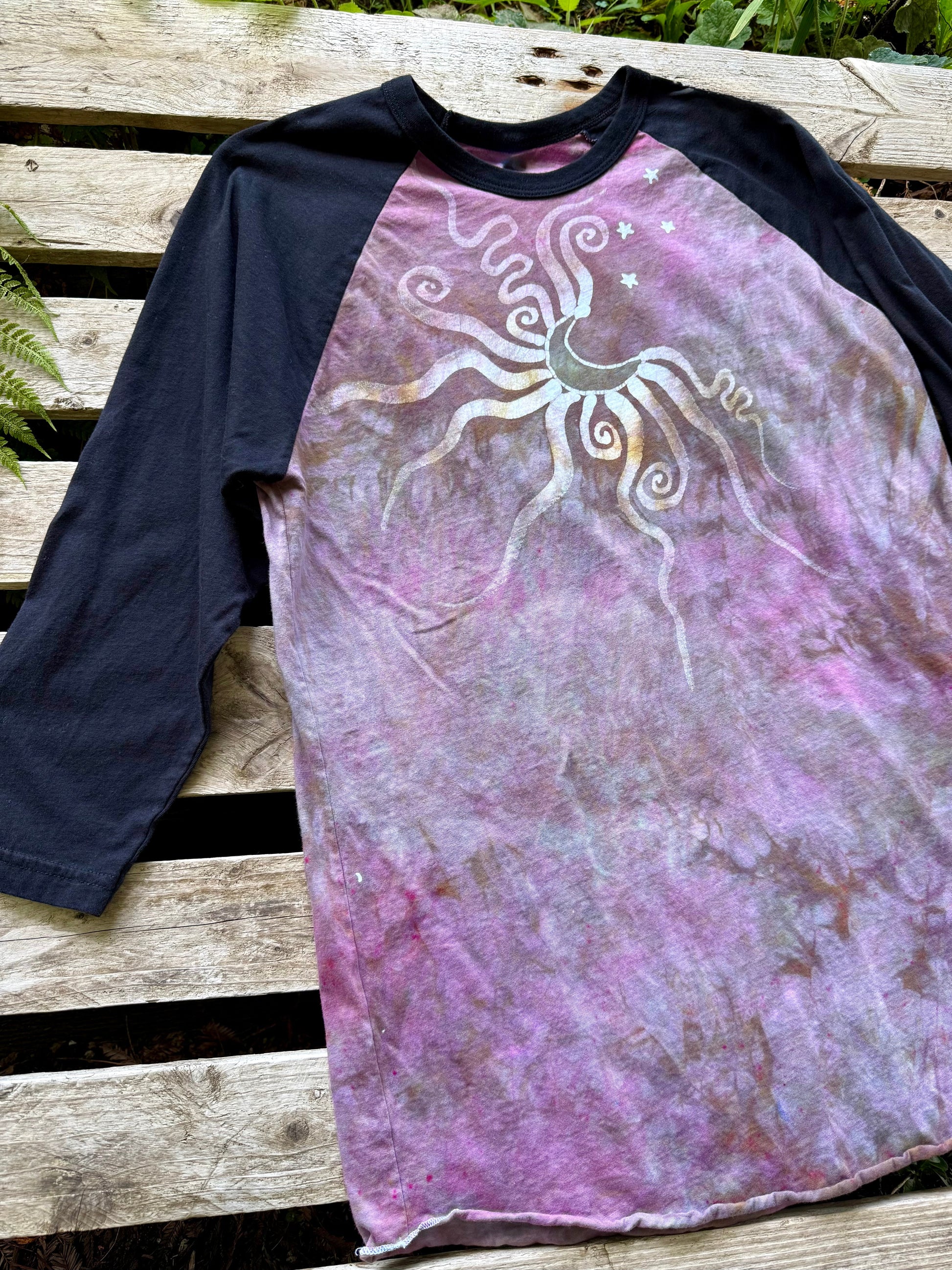 Plumberry Sage Moon & Stars Batik Tee – ¾ Sleeve Artist Shirt in Plum & Green Batikwalla by Victoria 