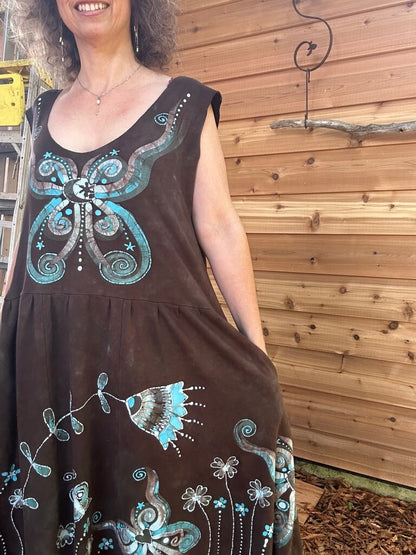 Brown Butterfly Batik Dress With Pockets - Size XL Batik Dresses Batikwalla 