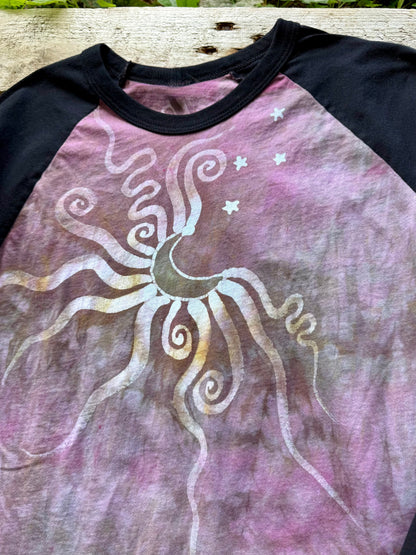 Plumberry Sage Moon & Stars Batik Tee – ¾ Sleeve Artist Shirt in Plum & Green Batikwalla by Victoria 