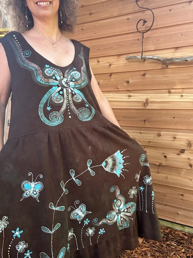 Brown Butterfly Batik Dress With Pockets - Size XL Batik Dresses Batikwalla 