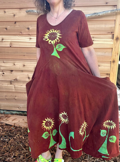 Red Sunflower Batik Dress With Pockets - Size Small Batik Dresses Batikwalla Small 