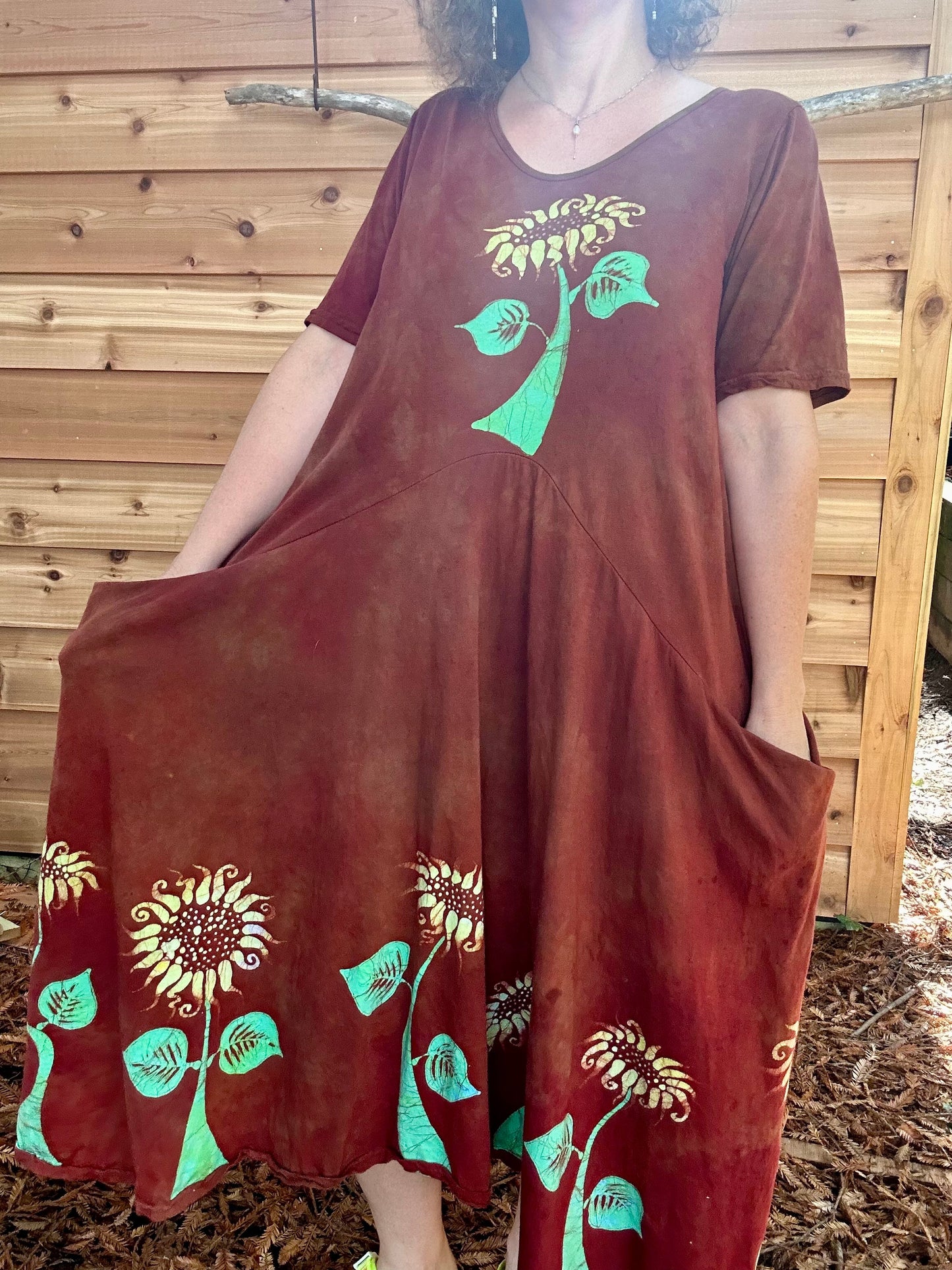 Red Sunflower Batik Dress With Pockets - Size Large Batik Dresses Batikwalla Large 