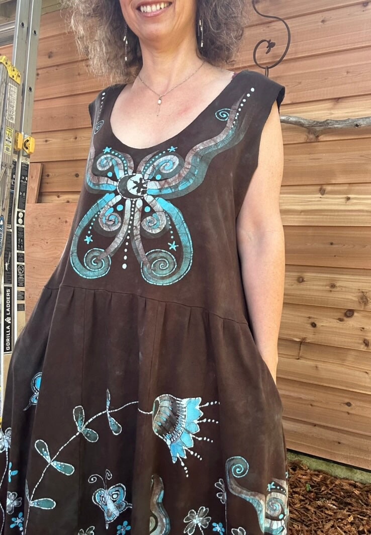 Brown Butterfly Batik Dress With Pockets - Size XL Batik Dresses Batikwalla 