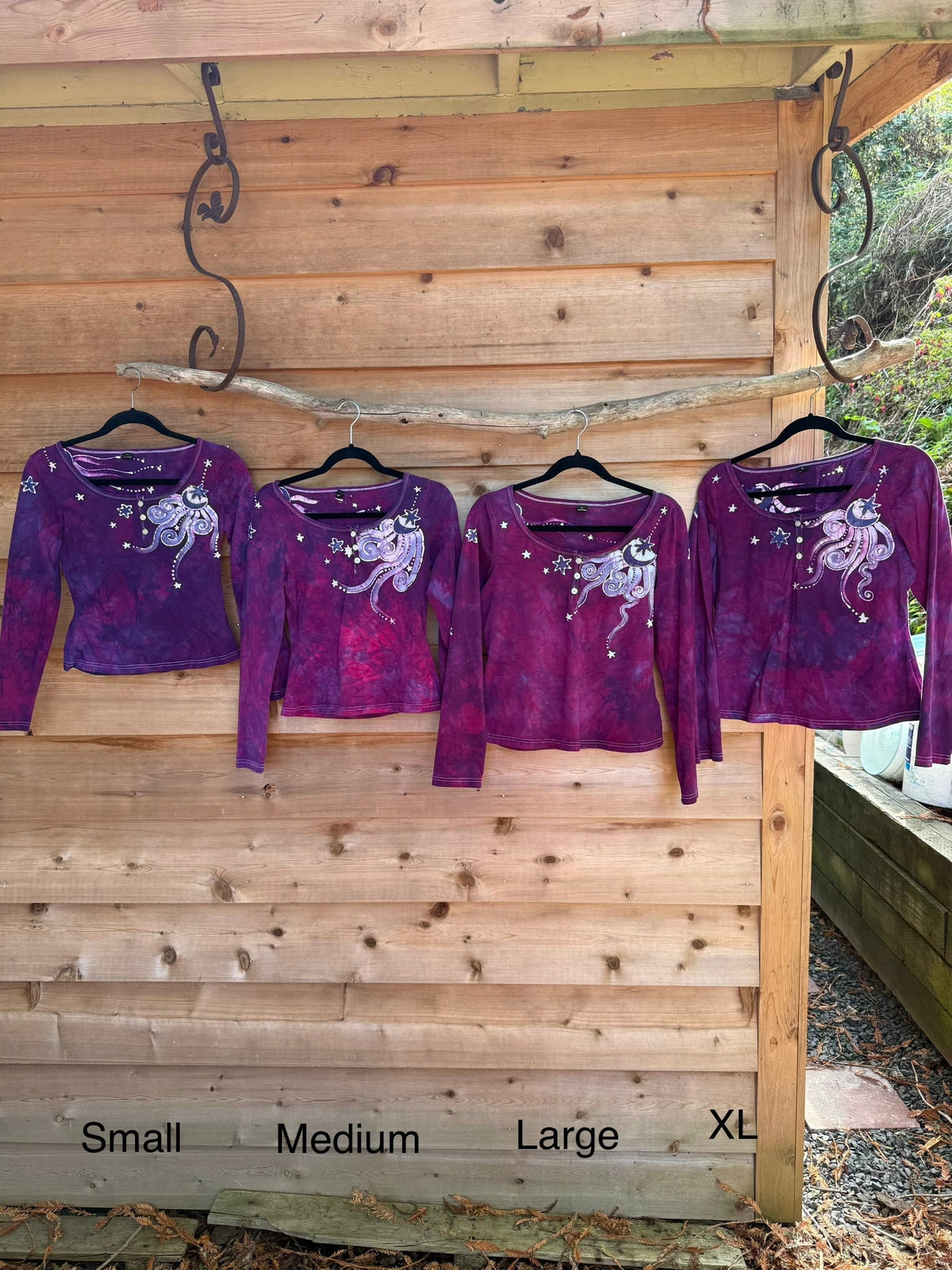 Bright Magenta Purple Moon and Stars Batik Long Sleeve Scoop Neck Tee Batikwalla 
