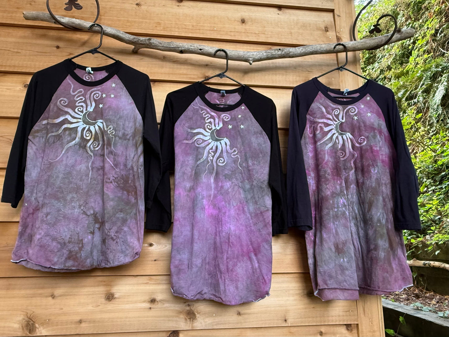Plumberry Sage Moon & Stars Batik Tee – ¾ Sleeve Artist Shirt in Plum & Green Batikwalla by Victoria 