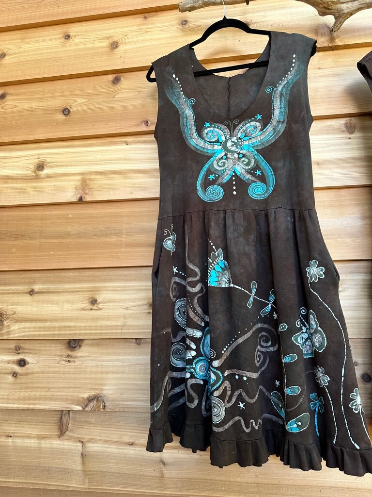 Brown Butterfly Batik Dress With Pockets - Size XL Batik Dresses Batikwalla 