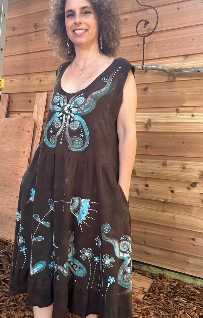 Brown Butterfly Batik Dress With Pockets - Size XL Batik Dresses Batikwalla 