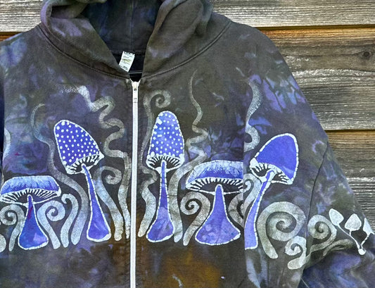 Purple Woodland Mushroom Hunter Handmade Batik Hoodie - 2X Unisex hoodie batikwalla 