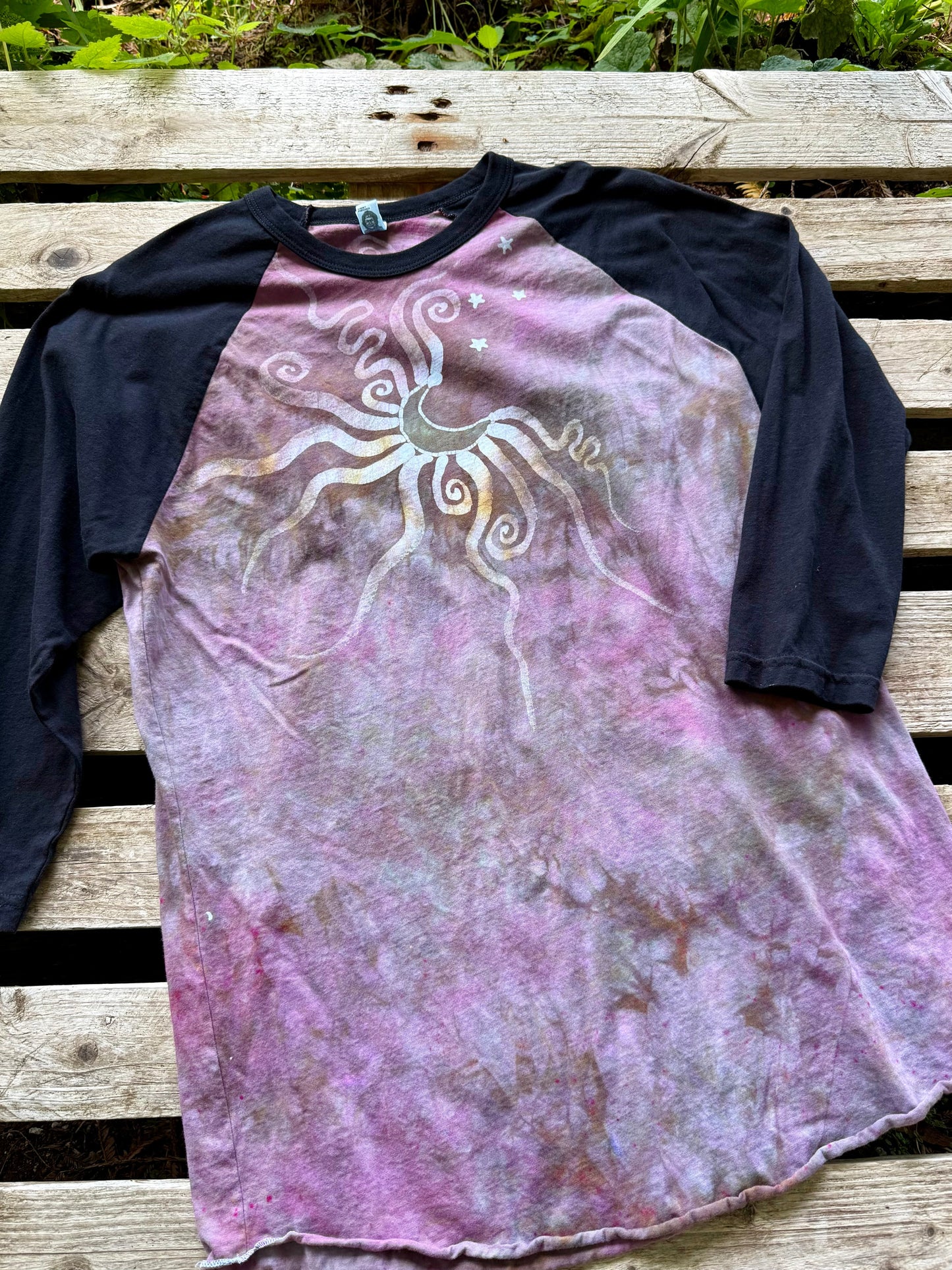 Plumberry Sage Moon & Stars Batik Tee – ¾ Sleeve Artist Shirt in Plum & Green Batikwalla by Victoria 