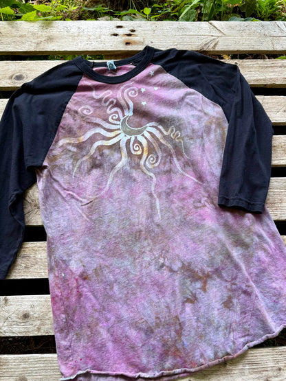 Plumberry Sage Moon & Stars Batik Tee – ¾ Sleeve Artist Shirt in Plum & Green Batikwalla by Victoria 