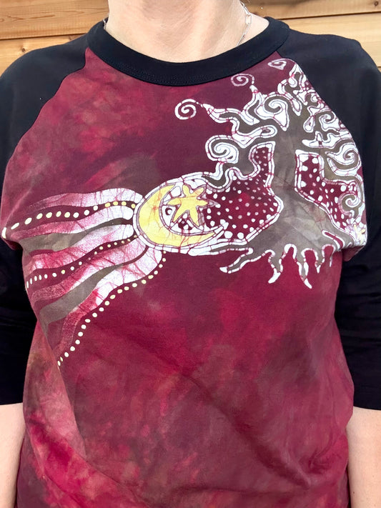 Tree & Moonbeam Rays Batik Tee – 3/4 Sleeve Artist Shirt in Deep Red Batikwalla by Victoria 