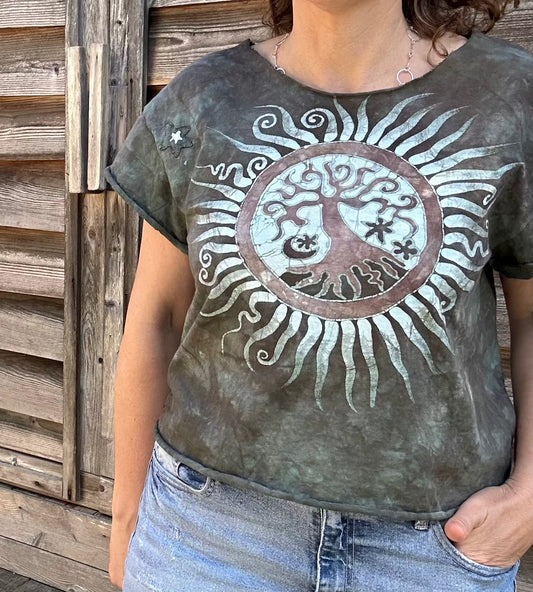 Cedar Forest Tree Of Life Cotton Cropped Batik Tee Shirts & Tops Batikwalla by Victoria 