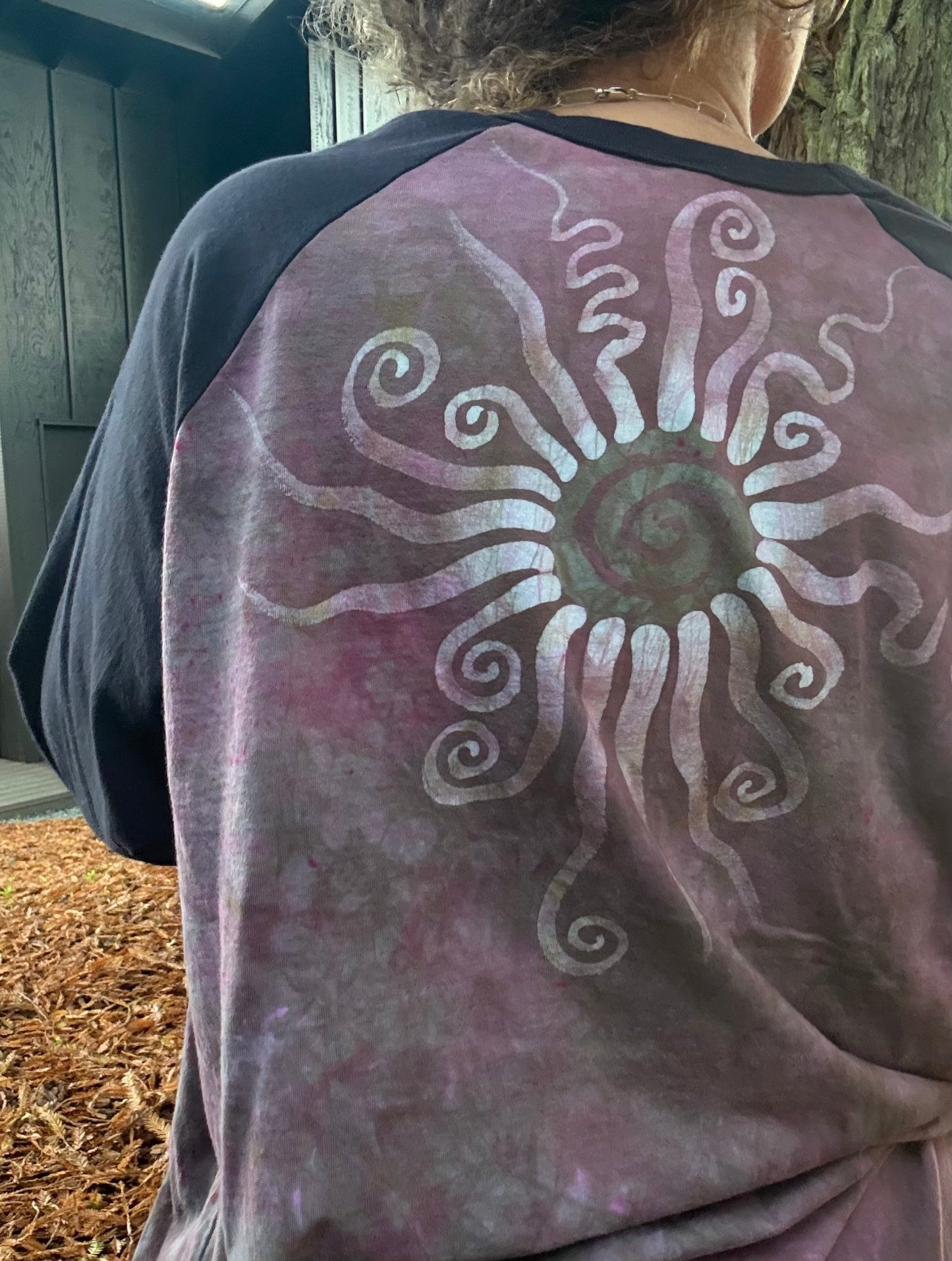 Plumberry Sage Moon & Stars Batik Tee – ¾ Sleeve Artist Shirt in Plum & Green Batikwalla by Victoria 