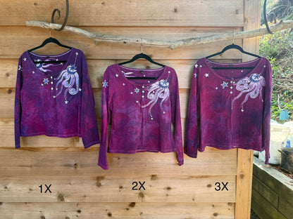 Bright Magenta Purple Moon and Stars Batik Long Sleeve Scoop Neck Tee Batikwalla 