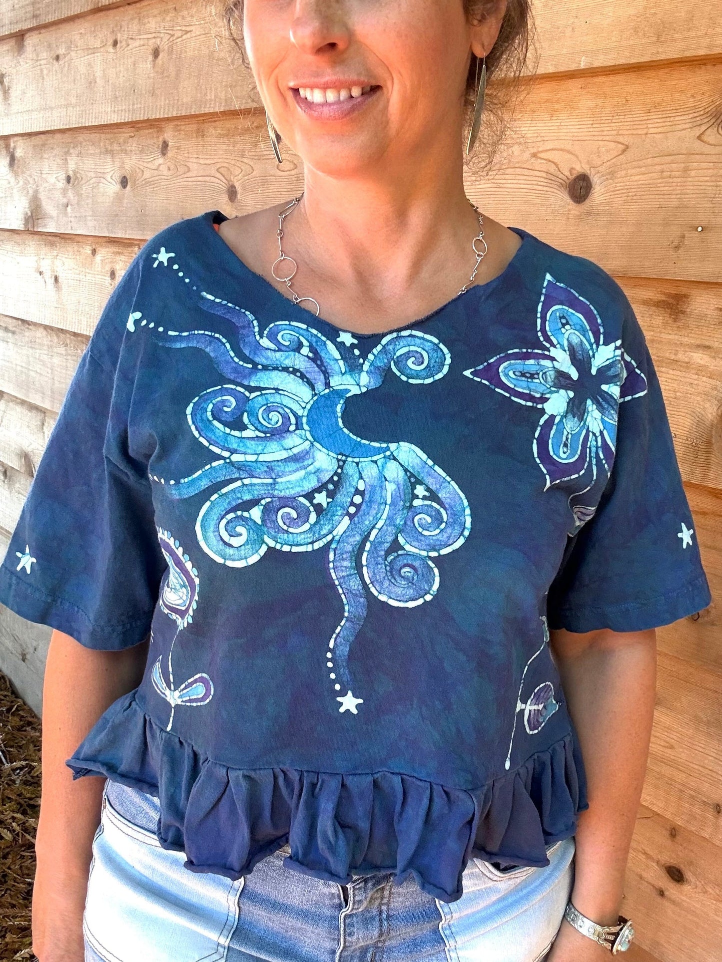 Flower Power Moon and Star Batik Shirt – Handmade Peplum Top - Size Small