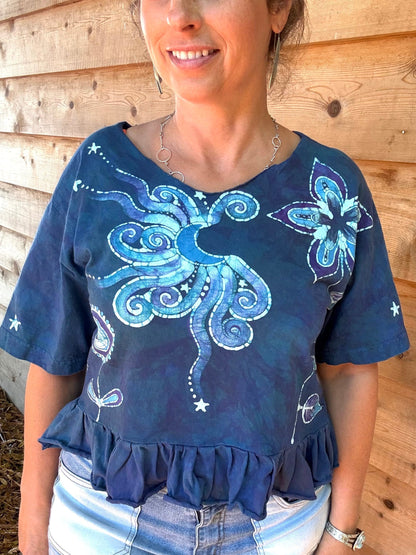 Flower Power Moon and Star Batik Shirt – Handmade Peplum Top - Size Small