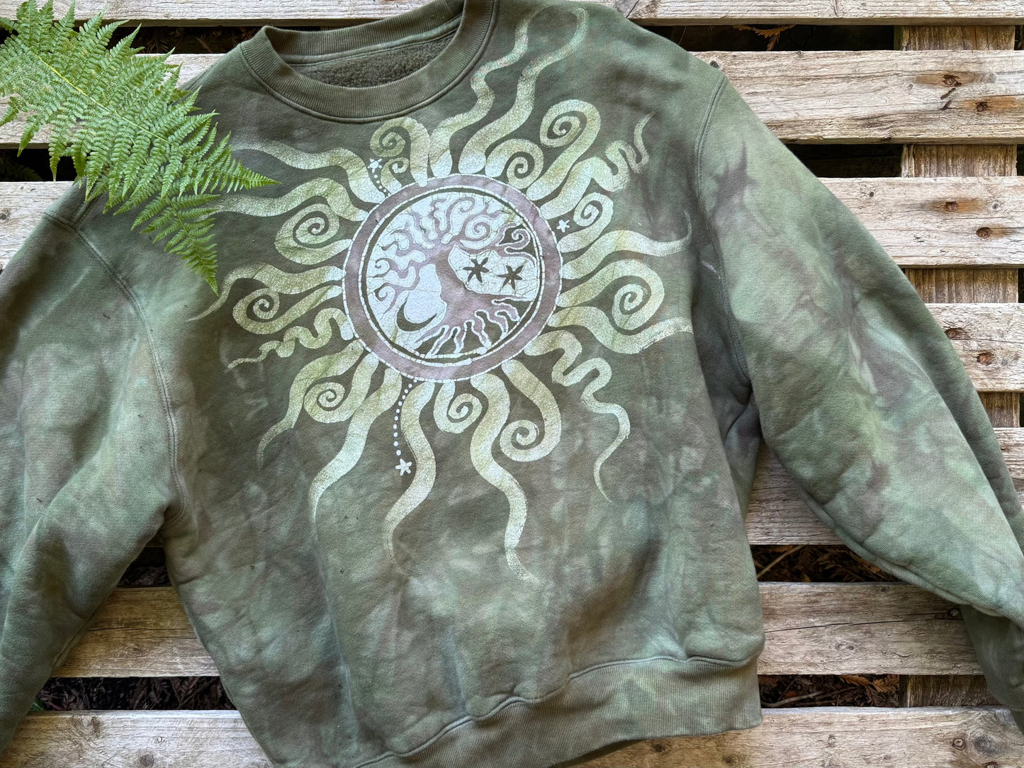 Olive Tree of Life Puffy Batik Crewneck Sweatshirt – Hand-Painted Boho Pullover Batikwalla by Victoria 
