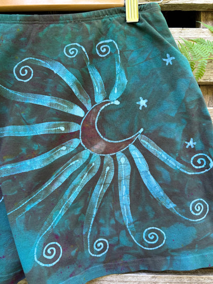 Tree Sun and Moon Batik Skort – Handmade Boho Skirt-Shorts in Woodland Green Batikwalla by Victoria 