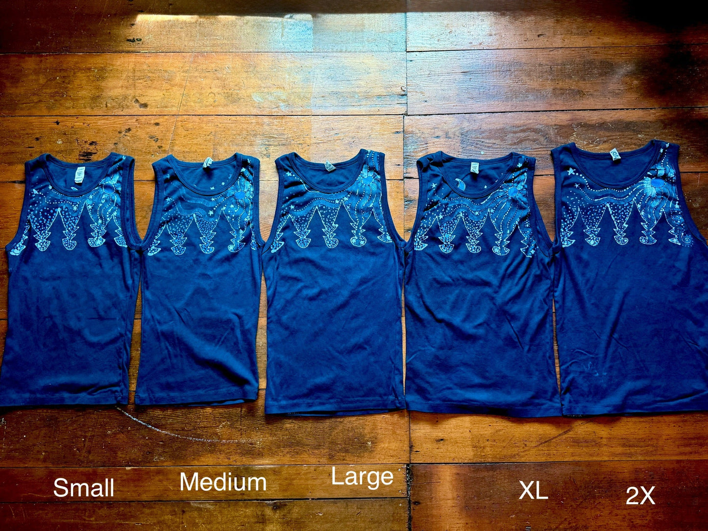 Forest Moon Batik Tank – Handmade Indigo Tree Line with Stars Batikwalla by Victoria 