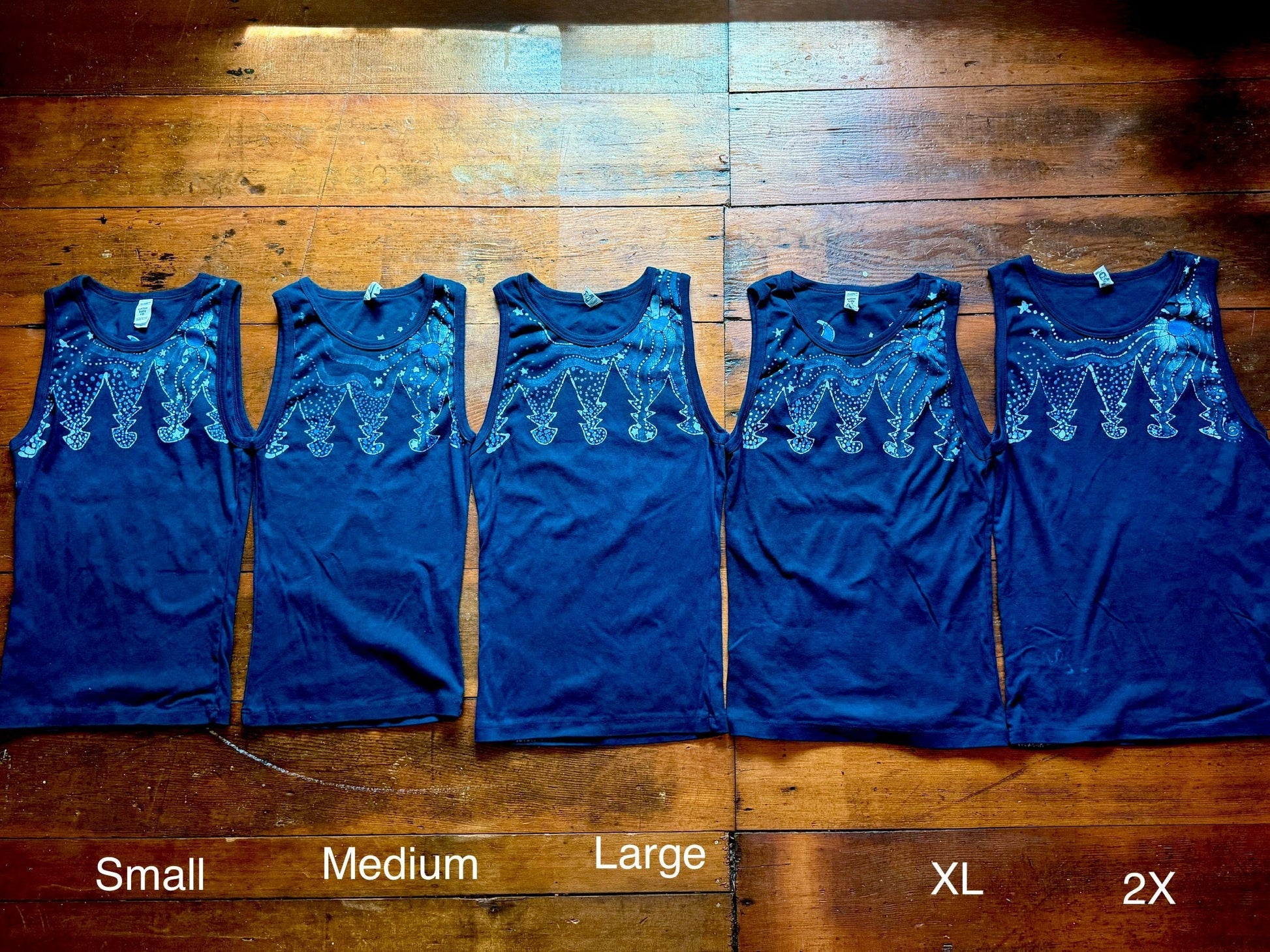 Forest Moon Batik Tank – Handmade Indigo Tree Line with Stars Batikwalla by Victoria 