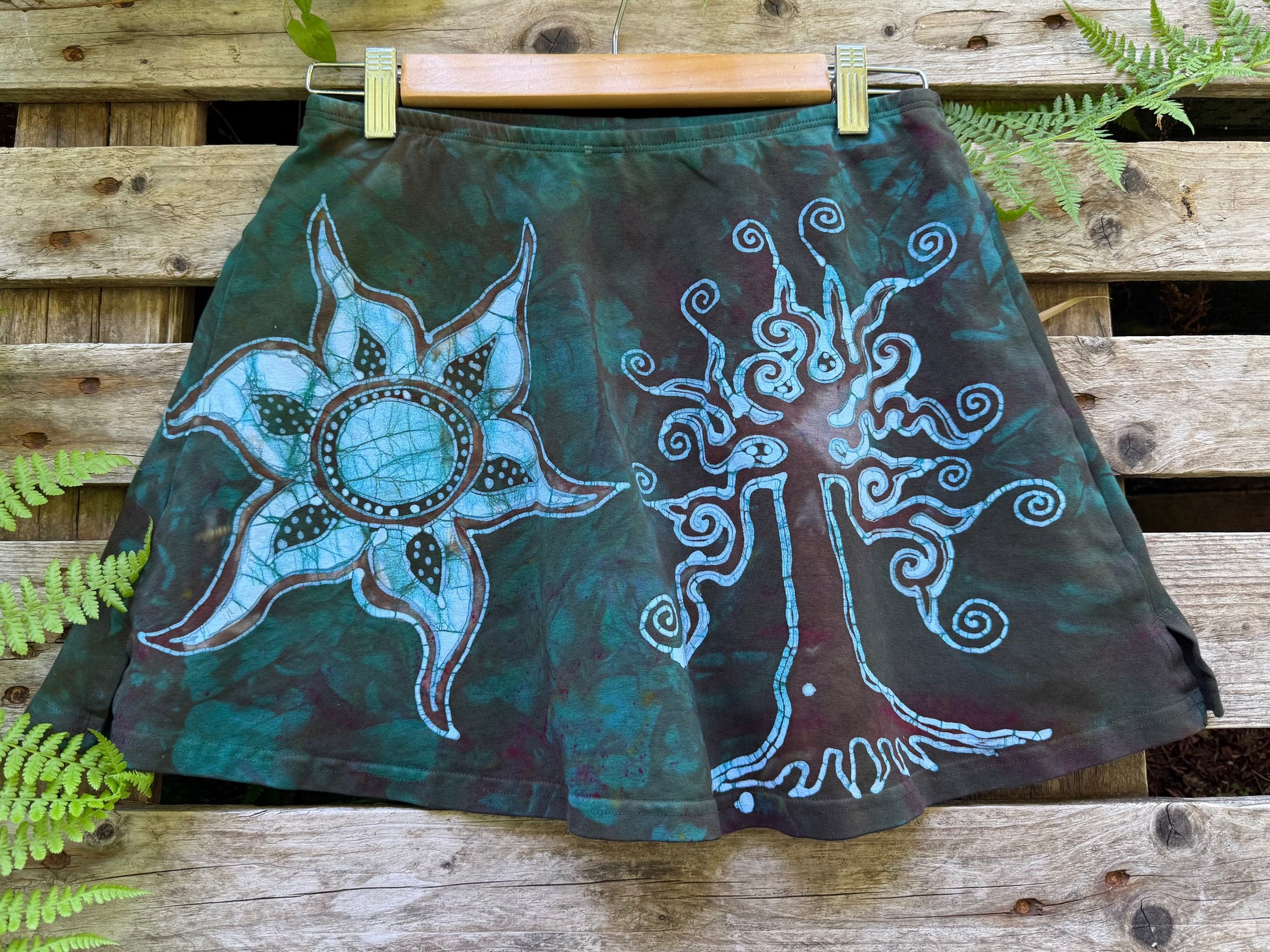 Tree Sun and Moon Batik Skort – Handmade Boho Skirt-Shorts in Woodland Green Batikwalla by Victoria Large 