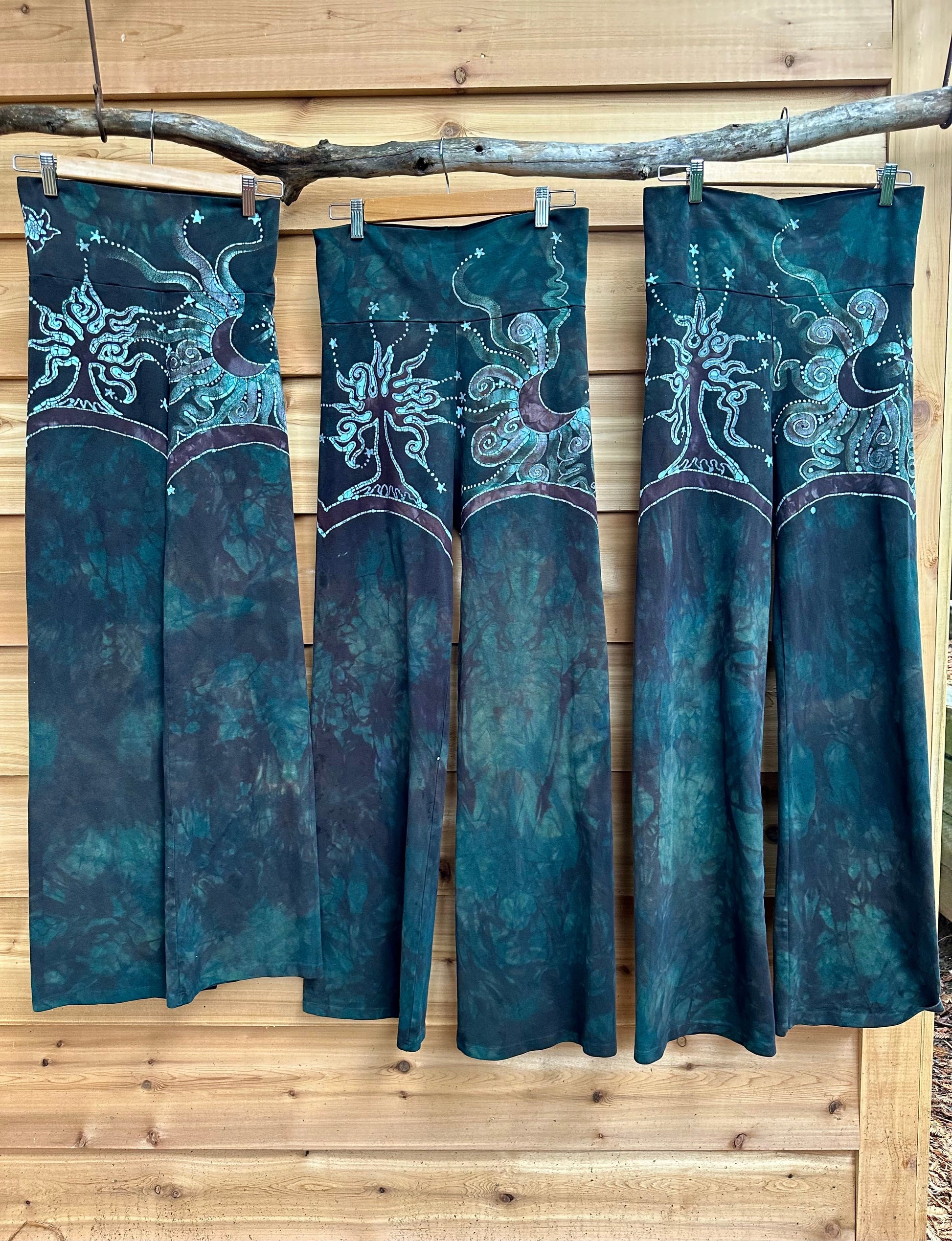 Forest Green Tree Sun and Stars Batik Yoga Pants Yoga Pants batikwalla XL 