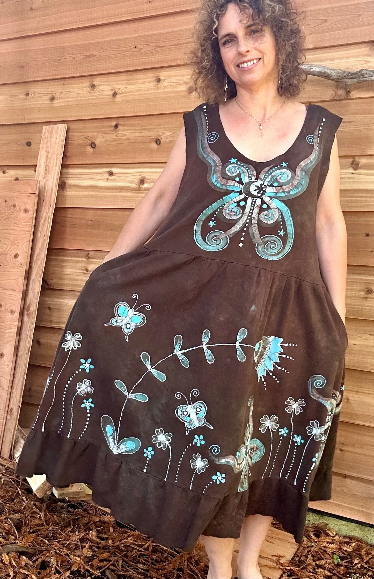 Brown Butterfly Batik Dress With Pockets - Size XL Batik Dresses Batikwalla 