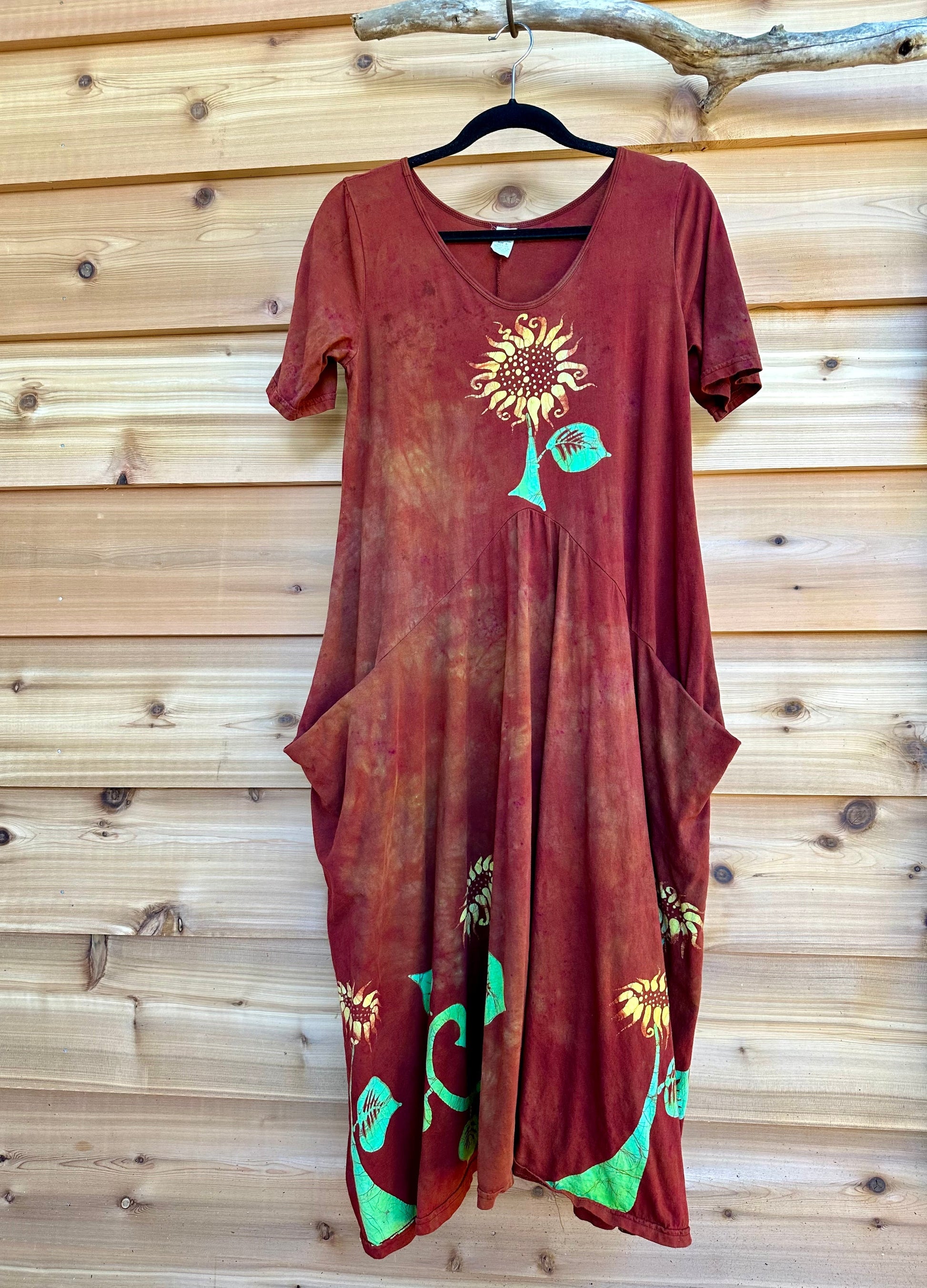 Red Sunflower Batik Dress With Pockets - Size Small Batik Dresses Batikwalla 