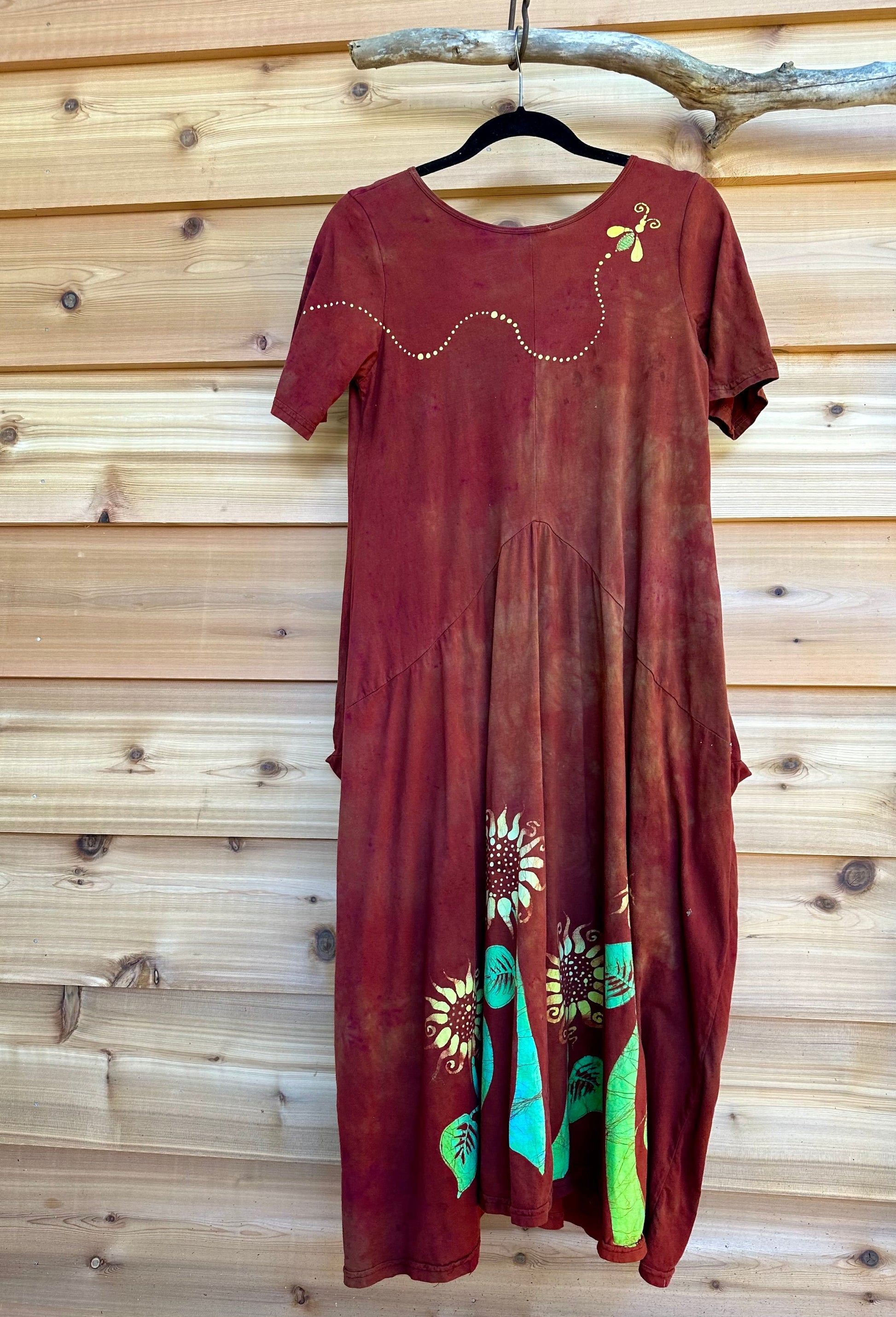 Red Sunflower Batik Dress With Pockets - Size Small Batik Dresses Batikwalla 