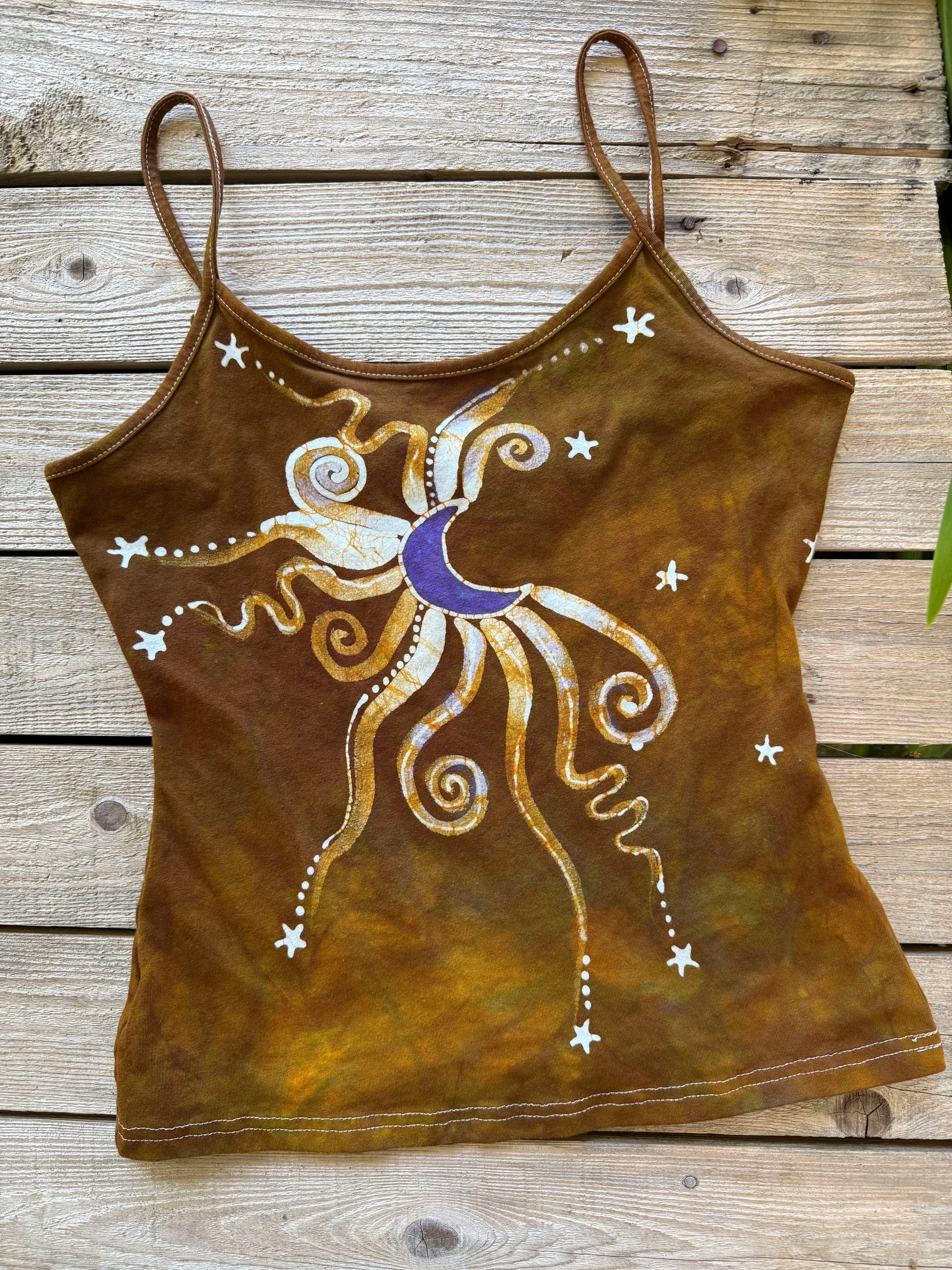 Deep Gold and Purple Moon Stars Hand Painted Batik Tank Top Tops batikwalla Small 