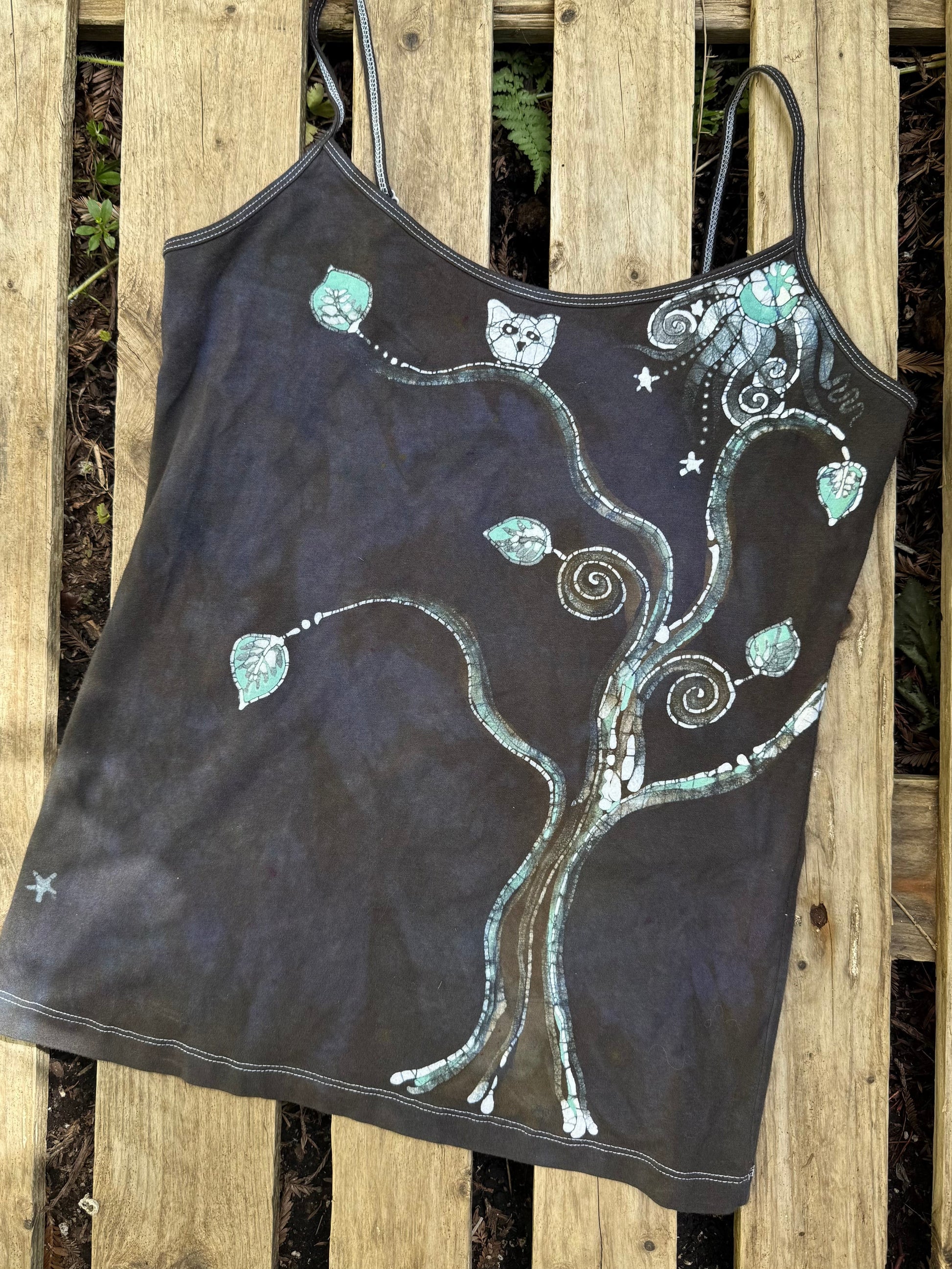 Dark Owl In The Forest Hand Painted Batik Tank Top Tops batikwalla 