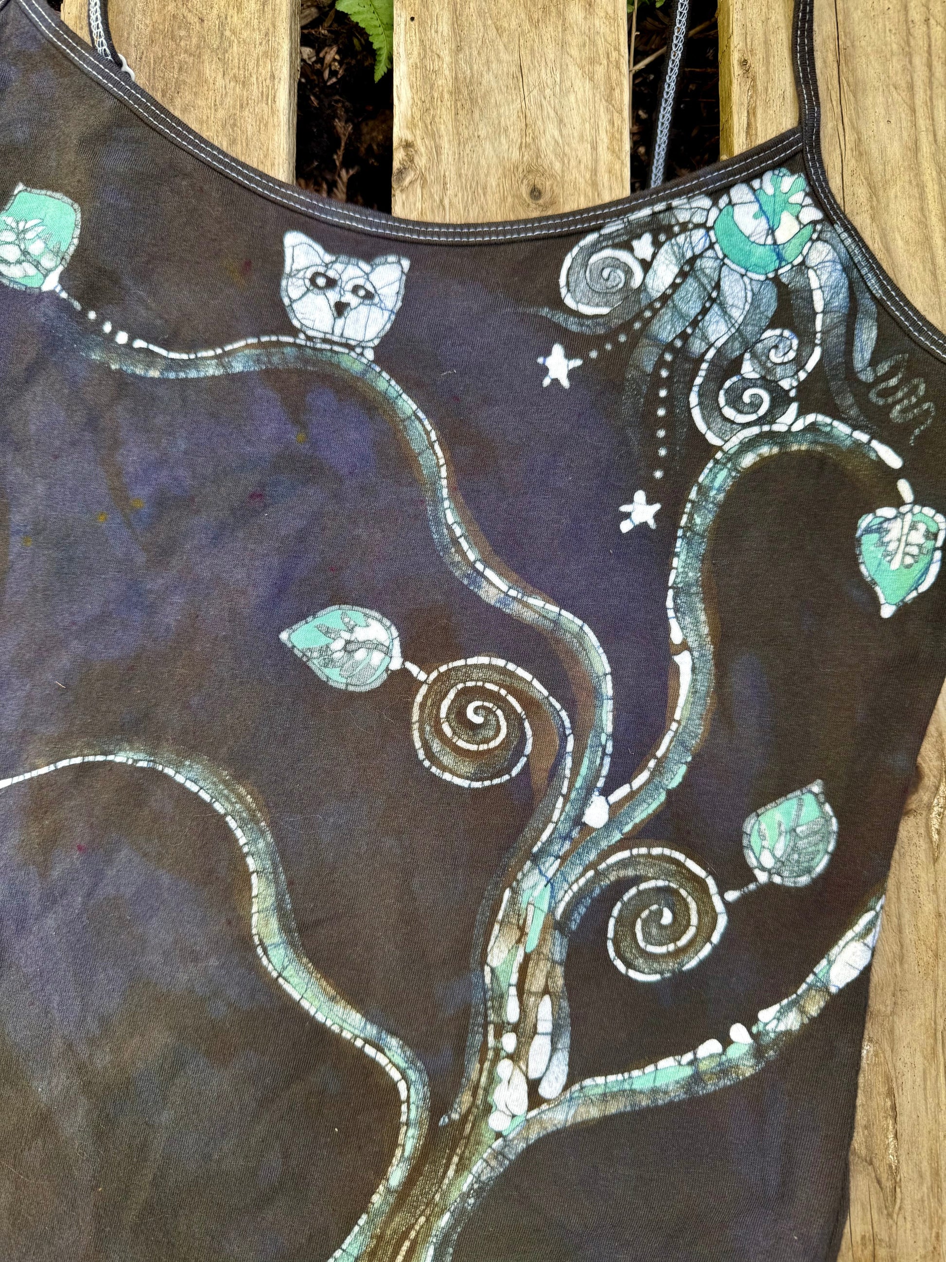 Dark Owl In The Forest Hand Painted Batik Tank Top Tops batikwalla 